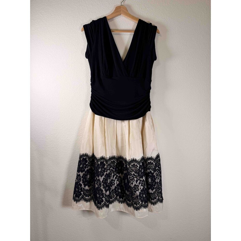 J.R. Nites Black Cream Lace Trim V-Neck Surplice Cocktail Midi Dress Size 14